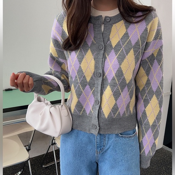 Oak + Fort Argyle Knit Cardigan Grey / Purple / Yellow size Small - Picture 4 of 13